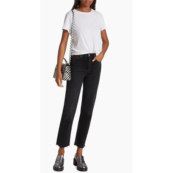 RE/DONE High Rise Black Stretch 70s Stove Pipe Jeans Button Fly Raw Hem Size 28 - Picture 1 of 15